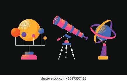 Astronomy Research Equipment set. Space planet, Earth, galaxy, observatories, astronomical telescope, spacecraft, cosmos science, minimal vector illustrations isolated on background