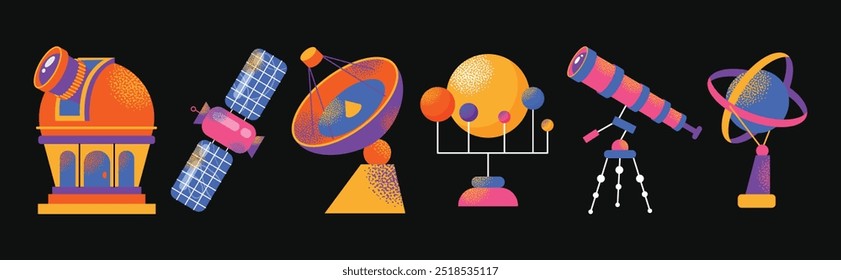 Astronomy Research Equipment set. Space planet, Earth, galaxy, observatories, astronomical telescope, spacecraft, cosmos science, minimal vector illustrations isolated on background