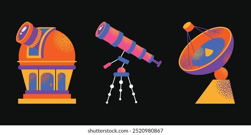 Astronomy Research Equipment set. Space planet, Earth, galaxy, observatories, astronomical telescope, spacecraft, cosmos science, minimal vector illustrations isolated on background