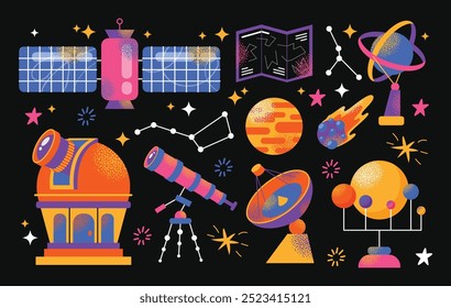 Astronomy Research Equipment set. Space planet, Earth, galaxy, observatories, astronomical telescope, spacecraft, cosmos science, minimal vector illustrations isolated on background