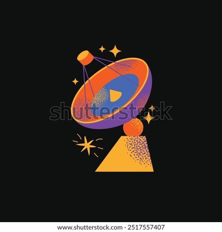 Astronomy Research Equipment set. Space planet, Earth, galaxy, observatories, astronomical telescope, spacecraft, cosmos science, minimal vector illustrations isolated on background