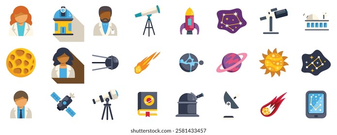 Astronomy research icons featuring scientists, telescopes, planets, rockets, and other space exploration equipment