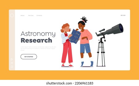 Plantilla de la página de inicio de la investigación astronómica. Los personajes de las niñas aprenden sobre el mapa del cielo cerca del telescopio. Curioso Pequeño Hobby de Observación Espacial Infantil, Estudiando. Ilustración de vectores de personas de caricatura