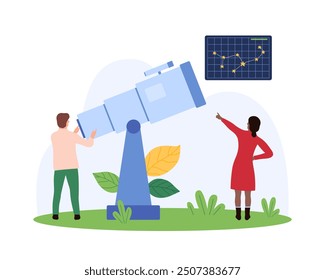 Astronomy research, space discovery and astronomical observation of universe and solar system. Tiny people look through telescope with curiosity at constellation in sky cartoon vector illustration