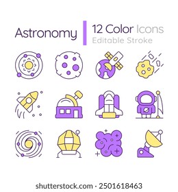 Astronomy RGB color icons set. School subject. Natural science. Cosmos and universe. Academic discipline. Isolated vector illustrations. Simple filled line drawings collection. Editable stroke