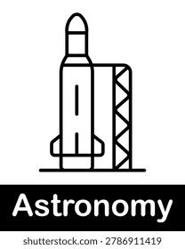 Astronomy rocket set icon. Line icon with launch rocket body, side boosters, ground platform, vertical takeoff vehicle for space mission departure.