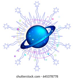 Astronomy: Saturn planet. Hand-drawn colorful art. Kawaii style. Invitation elements. Isolated vector illustration. Tattoo, astrology, alchemy, magic, space and nature symbol background.