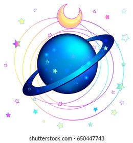 Astronomy: Saturn planet. Hand-drawn colorful art. Kawaii style. Invitation elements. Isolated vector illustration. Tattoo, astrology, alchemy, magic, space and nature symbol background.