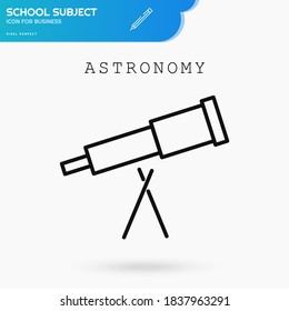 Astronomy school subject linear black icon vector template with telescope for collage and academy. Thin black icon for education and science. Eps 10 vector