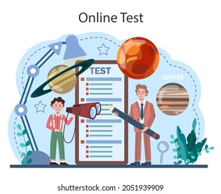 Astronomy school subject online service or platform. Students looking through a telescope at the stars. Children study stars map. Online test. Flat vector illustration