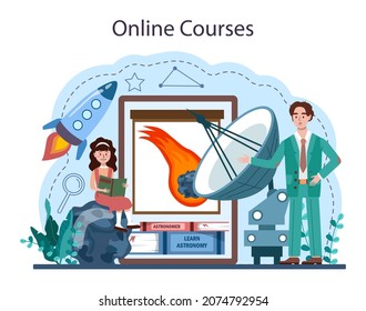 Astronomy school subject online service or platform. Students looking through a telescope at the stars. Children study stars map. Online course. Flat vector illustration