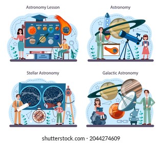 Astronomy school subject set. Students looking through a telescope at the stars. Children study stars map. Astronomy research. Flat vector illustration