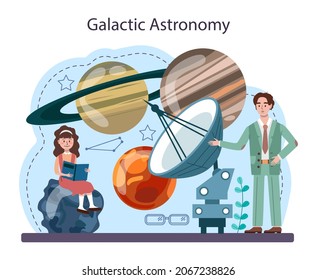 Astronomy school subject. Students looking through a telescope at the stars. Children study stars map. Astronomy research. Flat vector illustration