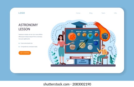 Astronomy school subject web banner or landing page. Students looking through a telescope at the stars. Children study stars map. Astronomy research. Flat vector illustration
