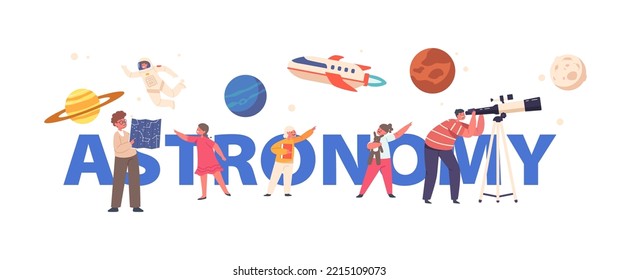 Astronomy Science Concept. Children Look In Telescope, Boys And Girls Study Space. Kid Characters Observe Sky With Planets, Shuttle And Astronaut Poster, Banner or Flyer. Cartoon Vector Illustration