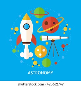 Astronomy Science Concept. Flat Poster Design Vector Illustration. Collection of Education and Learning Colorful Objects.