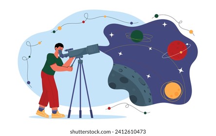 Astronomy science concept. Man with telescope look at space and universe. Astrological research. Education, learning and training. Cartoon flat vector illustration isolated on white background