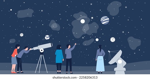 Astronomie-Wissenschaftsforscher. Menschen, die mysteriöse Konstellation studieren und den Raum im Teleskop beobachten. Entdecken Sie Universum und Planeten der jüngsten Vektorszene