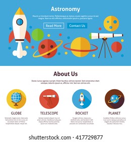 Astronomy Science Flat Web Design Template. Vector Illustration for Website banner and landing page. Education and Learning with Icons Modern Design.