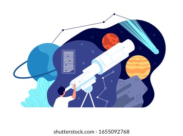 Astronomie. Galaxy entdecken, Sterne entdecken. Männliches Explorationsuniversum, Sputnik-Kosmos. Männlich aussehender Planet nach dem Konzept der Teleskop-Vektorillustration