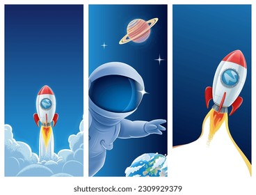 astronomy and science illustrations for kids with astronaut and space rocket and solar system planets