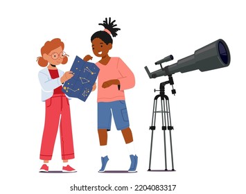 Astronomy Science, Kids Education Concept. Little Girls Characters Learning Sky Map Stand near Telescope. Curious Little Children Space Observation Hobby, Studying, Cartoon People Vector Illustration