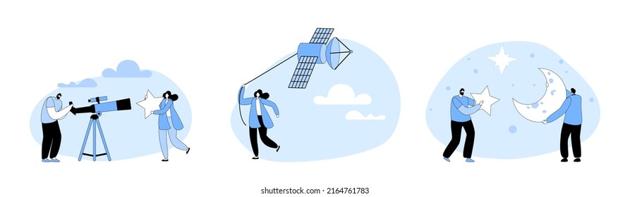 Astronomy Science Learning, Characters Watching on Moon and Stars at Telescope, Studying Space, Cosmos Exploration, Sputnik, Scientific Investigation, Education. Cartoon People Vector Illustration