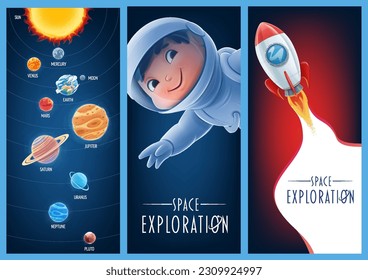 astronomy and science lesson banner set for kids with astronaut and space rocket and solar system planets