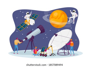 Astronomy Science, Male Female Characters Watching on Stars and Planets at Telescope, Studying Space, Cosmos Exploration, Scientific Investigation, Education. Cartoon People Vector Illustration