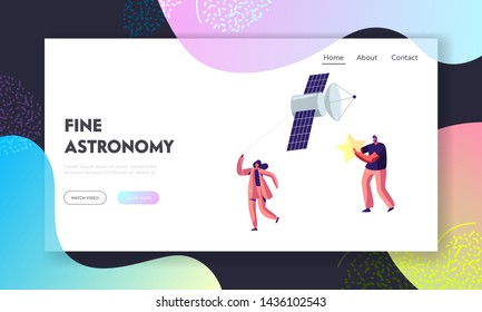 Astronomy Science, Man Hold Star, Woman Pull Sputnik as Kite, Space, Cosmos Exploration , Scientific Investigation, Education, Website Landing Page, Web Page. Cartoon Flat Vector Illustration, Banner