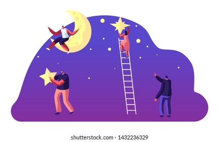 Astronomy Science, Man Sitting on Moon, Characters on Ladders Put Stars on Night Sky, People Studying Space, Cosmos Exploration, Scientific Investigation, Education, Cartoon Flat Vector Illustration