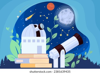 Astronomy science poster background with book, telescope education stuff, observatory for cosmos outer space studying over starry night sky planet, comet, meteor and star constellation