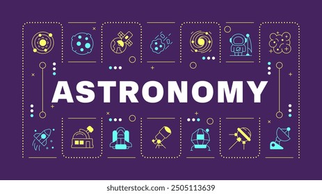 Astronomy science purple word concept. School subject. Natural science. Cosmos and universe. Visual communication. Vector art with lettering text, editable glyph icons