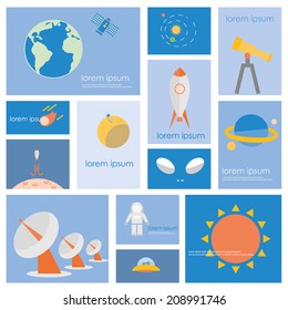 Astronomy science and space icon set. Flat vector retro design .