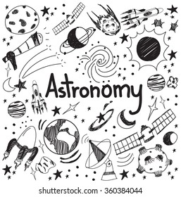 Astronomy science theory and drawing doodle handwriting icon of star planet and space transportation in white isolated background used for school education and document decoration, create by vector