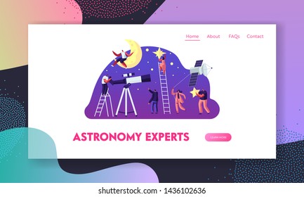 Astronomy Science Website Landing Page, People Watching On Moon And Stars At Telescope, Studying Space, Cosmos Exploration, Satellite, Education Web Page. Cartoon Flat Vector Illustration, Banner