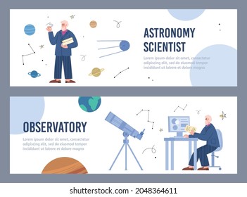 Astronomy scientific researches and observatory website banners collection, flat cartoon vector illustration. Space exploration and universe studying webpages.