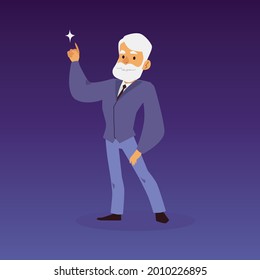 Astronomy scientist, stargazer or astronomer standing pointing at star, flat vector illustration isolated on dark blue background. Astronomy and space explore concept.