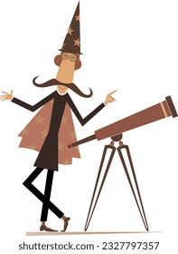 Astronomy scientist or stargazer.
Astronomy scientist or stargazer with telescope. Fantasy wizard in tall hat
