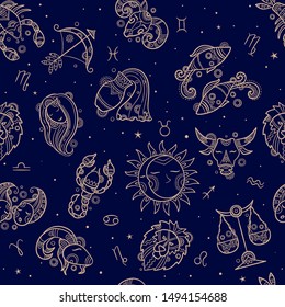 Astronomy seamless. Drawn zodiac symbols textile pattern design horoscope concept fish taurus lion gemini scorpion vector astronomy