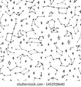 Astronomy Seamless pattern in vintage style. Space and meteorite, stars and planets background. Hand drawn in retro doodle style.
