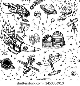 Astronomy Seamless pattern in vintage style. Space and cosmonaut, moon and spaceships, meteorite and stars, planets and observatory background. Hand drawn in retro doodle style.