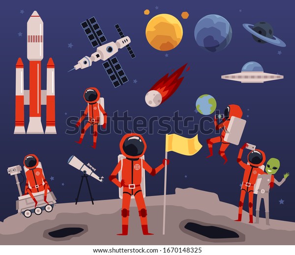 Astronomy set - cartoon astronaut standing\
on surface of moon with flag surrounded by space exploration\
equipment and planets - flat vector\
illustration.