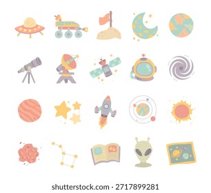 Astronomy set in scandinavian style exploring diverse celestial objects for scientific observation across cosmic phenomena within imaginative educational research discovery creative designs projects