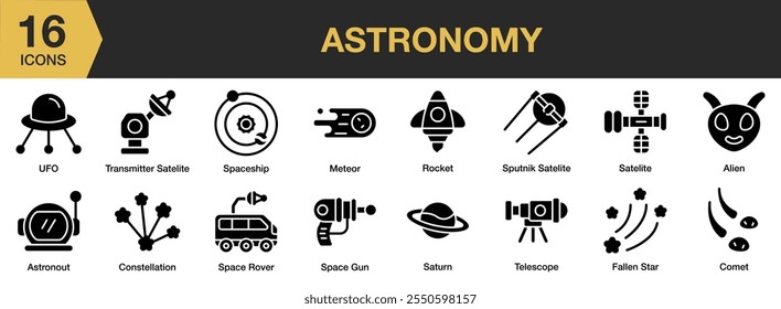 Astronomy solid icon set. Includes UFO, spaceship, rocket, meteor, saturn, space, astronaut, and More. Solid icons vector collection.