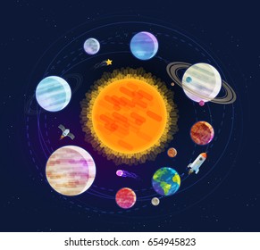 Astronomy, space, astrology concept. Solar system, planets, stars. Cartoon vector illustration