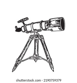 Astronomy space discovery optical tool with magnification glass lens. Cosmos objects -planet, stars galaxy observation and search instrument. Vector flat illustration.