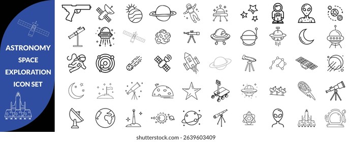 Astronomy and space exploration icon set. Thin line editable stroke icons for astrophysics, planets, rockets, astronauts, solar system, satellites, galaxies and outer space observation science design 