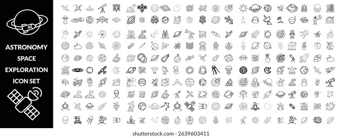 Astronomy and space exploration icon set. Thin line editable stroke icons for astrophysics, planets, rockets, astronauts, solar system, satellites, galaxies and outer space observation science design 