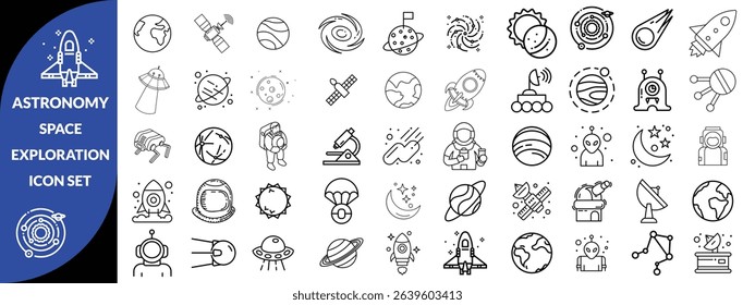 Astronomy and space exploration icon set. Thin line editable stroke icons for astrophysics, planets, rockets, astronauts, solar system, satellites, galaxies and outer space observation science design 